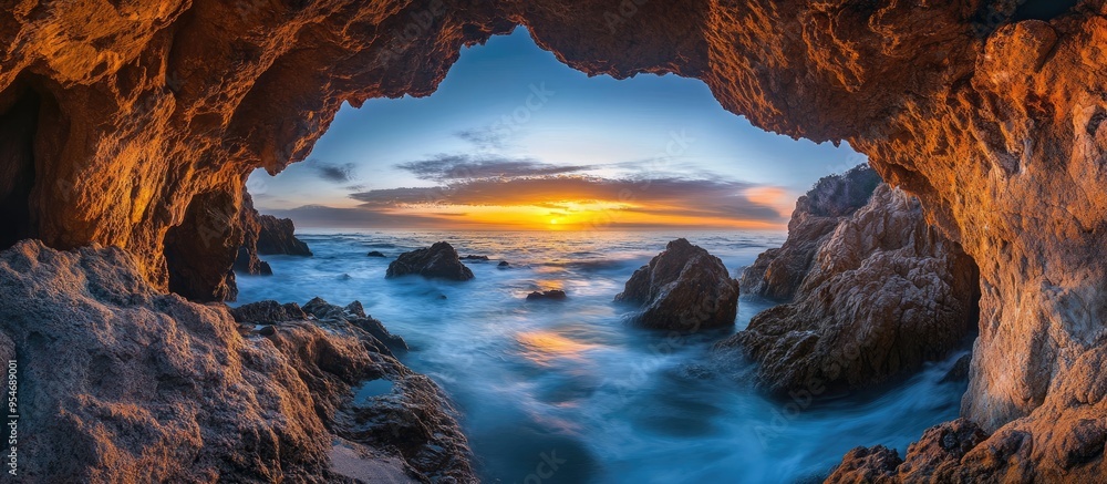 Aufkleber coastal cave arch views showcase a stunning full color sunrise over the ocean a long exposure produc