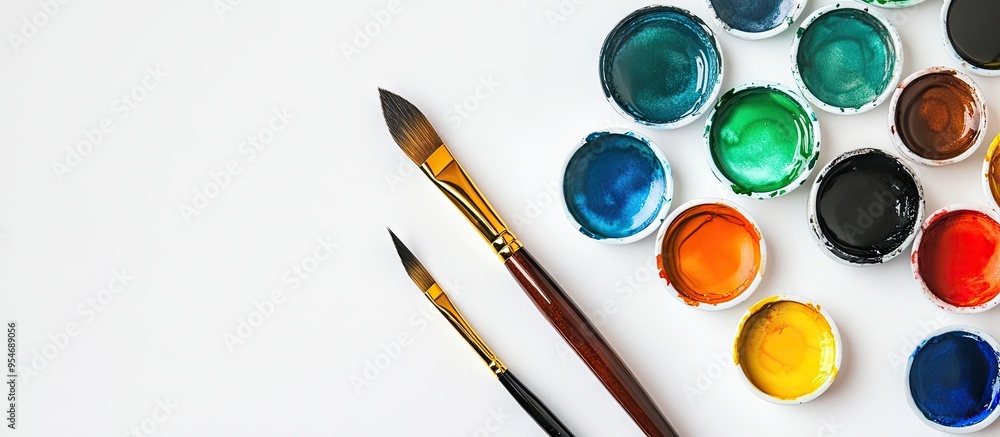 Poster Watercolor and paintbrush on a white background Flat lay top view. with copy space image. Place for adding text or design