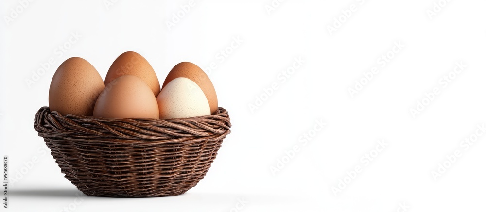 Leinwandbilder eggs in a woven basket set against a white background. with copy space image. place for adding text 