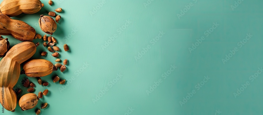 Leinwandbilder tamarind fruit with seeds isolated on a green background featuring copy space for your text top view