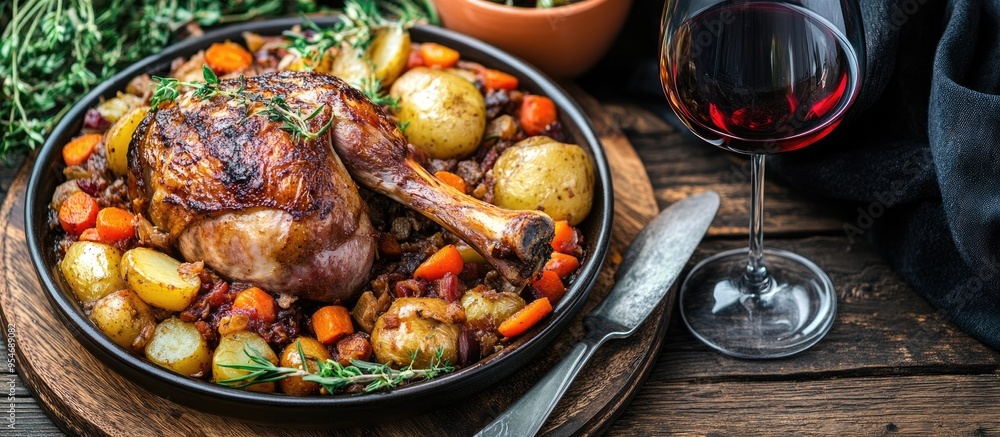 Poster Roasted rabbit leg served with potato and carrot stew and red wine. with copy space image. Place for adding text or design