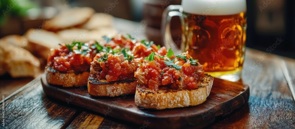 Aufkleber tapas a few toasted bread slices topped with canned tuna in tomato sauce accompanied by a glass of c