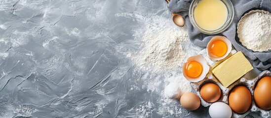 Bakery backdrop Ingredients for an Easter cake or dessert recipe including eggs flour and butter arranged on a grey stone table with kitchen textiles Top view copyspace