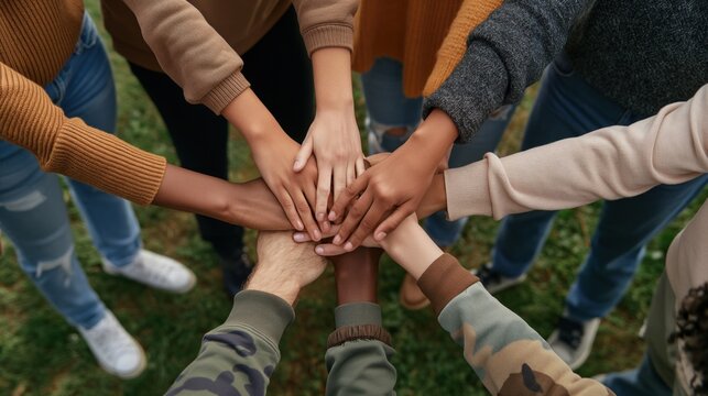 Diverse group of people holding hands in unity, standing in a circle outdoors, promoting social harmony and inclusivity, expressions of friendship and solidarity