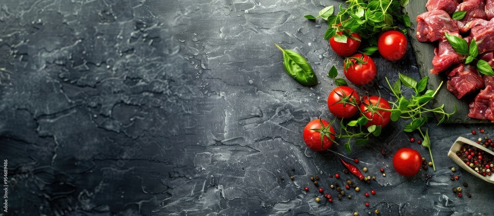 Poster fresh minced meat accompanied by cooking ingredients on a dark slate stone or concrete background to