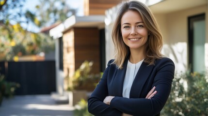 Fototapeta premium Smiling professional woman standing confidently outside a modern home on a sunny day