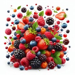 Falling wild berries mix, strawberry, raspberry, blueberry, blackberry, isolated on white background, full depth of field
