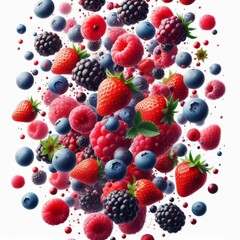 Falling wild berries mix, strawberry, raspberry, blueberry, blackberry, isolated on white background, full depth of field
