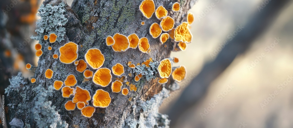 Poster Orange mold or lichen on a winter tree. with copy space image. Place for adding text or design