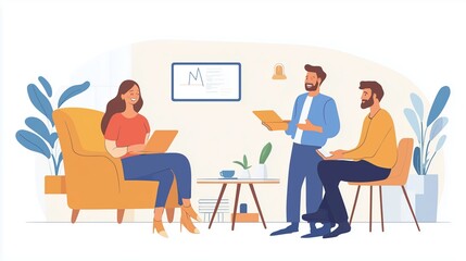 Three colleagues collaborate in a bright office space while discussing ideas and sharing notes during a morning meeting