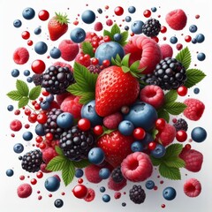 Falling wild berries mix, strawberry, raspberry, blueberry, blackberry, isolated on white background, full depth of field
