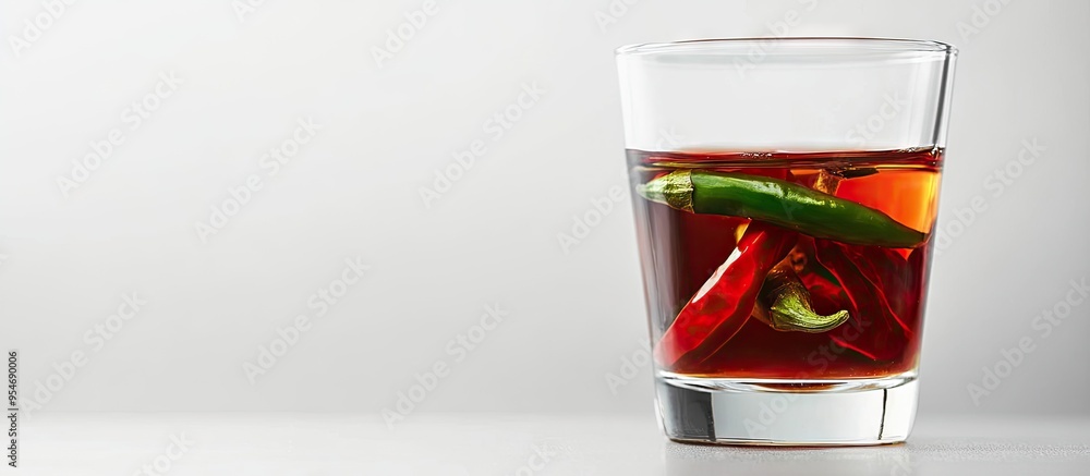 Aufkleber red and green fresh chili in fish sauce nam pla in a clear glass isolated on a white background with