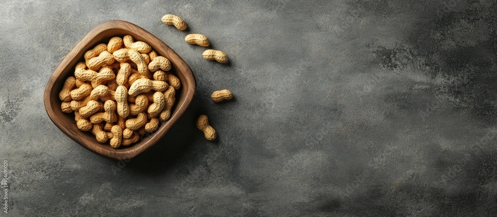 Leinwandbilder tray containing peanuts on a grey background. with copy space image. place for adding text or design