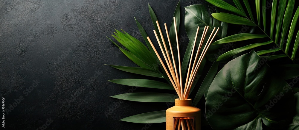 Aufkleber Aroma reed diffuser home fragrance featuring rattan sticks against a black backdrop with palm leaves. with copy space image. Place for adding text or design