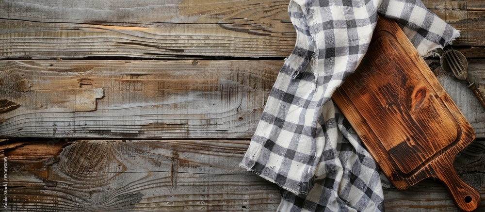 Poster empty wooden board on a light textured background alongside a dry branch and a kitchen towel a cutti