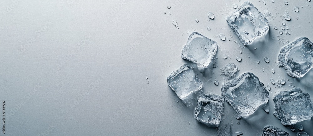 Aufkleber Melting ice cubes and water droplets on a light grey background flat lay Room for text. with copy space image. Place for adding text or design