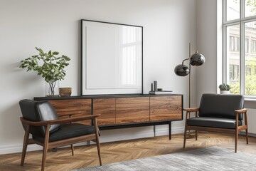 Modern Living Room Interior With Two Armchairs, Wooden Console, Minimalist Design And Large Window.