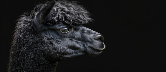 A side view of a black Suri alpaca featuring crinkled coat hair Copy Space