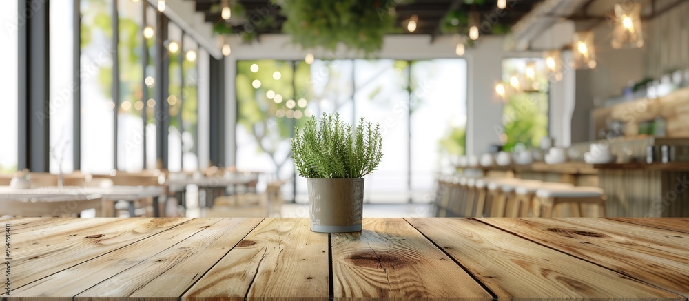 Poster Empty wooden table set against a blurred modern room interior banner background Suitable for displaying or showcasing your products. with copy space image. Place for adding text or design
