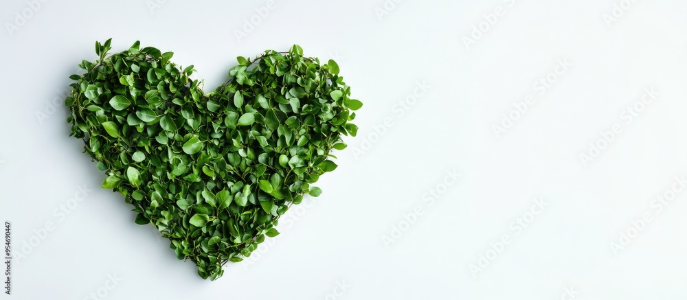 Aufkleber Heart shape formed by bird like green leaves on a white background creative minimalist spring idea featuring copy space concept art abstract form tidy setting ecological art selective focus