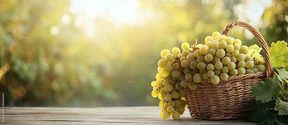 Poster green autumn ripe grapes in a basket on a pale wooden table. with copy space image. place for adding