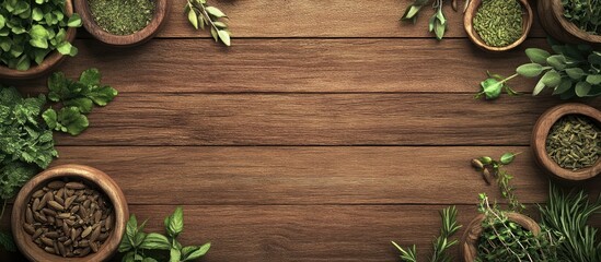 Gardening ethnoscience and organic concepts clusters of greens spices or medicinal herbs with name labels on a wooden backdrop. with copy space image. Place for adding text or design