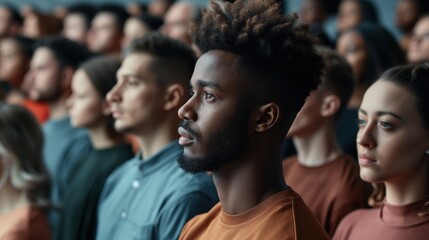 Fototapeta premium A group of individuals from various backgrounds attentively listen to a speaker, focused on the front of a large conference hall filled with natural light