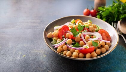 Chickpea salad with tomatoes, cucumbers, onions on a white background. Selective focus. Oriental and Mediterranean cuisine.