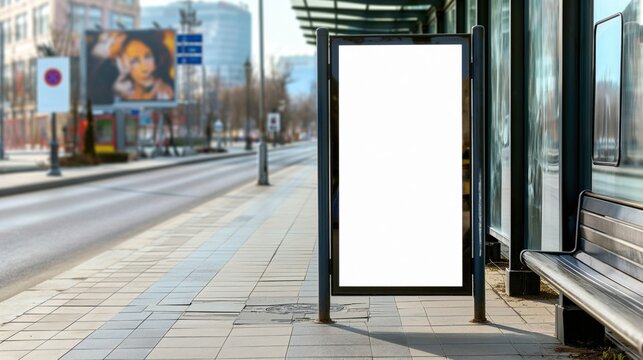 A blank advertising board is positioned by a nearly empty urban street during the day. Nearby, a bus shelter and a bench offer waiting passengers comfort as they pass time