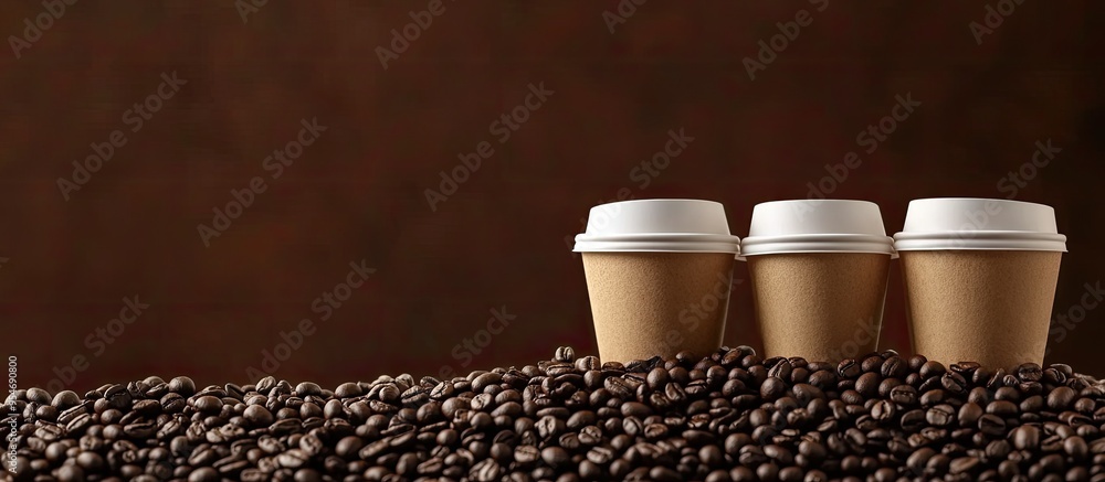 Fototapete close up images of coffee cups on coffee beans morning beverages set against a dark brown background