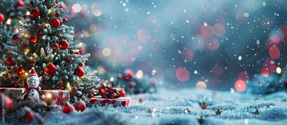 Poster Background featuring Christmas toys and a Christmas tree with snow Space available for text. with copy space image. Place for adding text or design