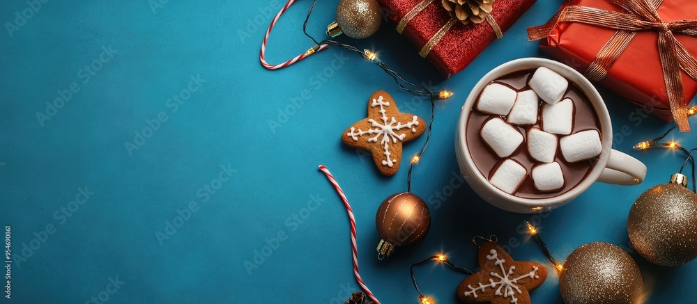 Poster cup of chocolate topped with marshmallows gingerbread cookies gifts and lovely christmas decorations