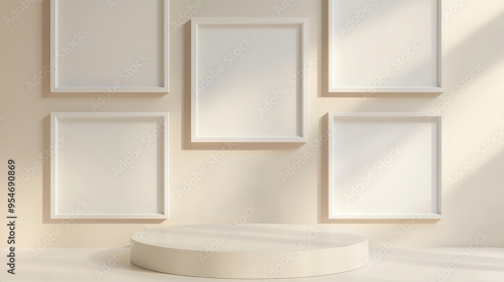 Aufkleber minimalist display featuring empty white frames on a beige wall with a round pedestal for showcasing