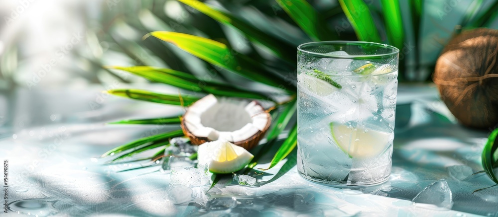 Aufkleber Empty glass with green coconut set against a white background Fresh natural drink. with copy space image. Place for adding text or design