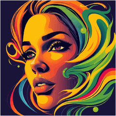 Beautiful colorful bliss. Stylized vector illustration of a woman's face blended with vibrant abstract swirls and shapes