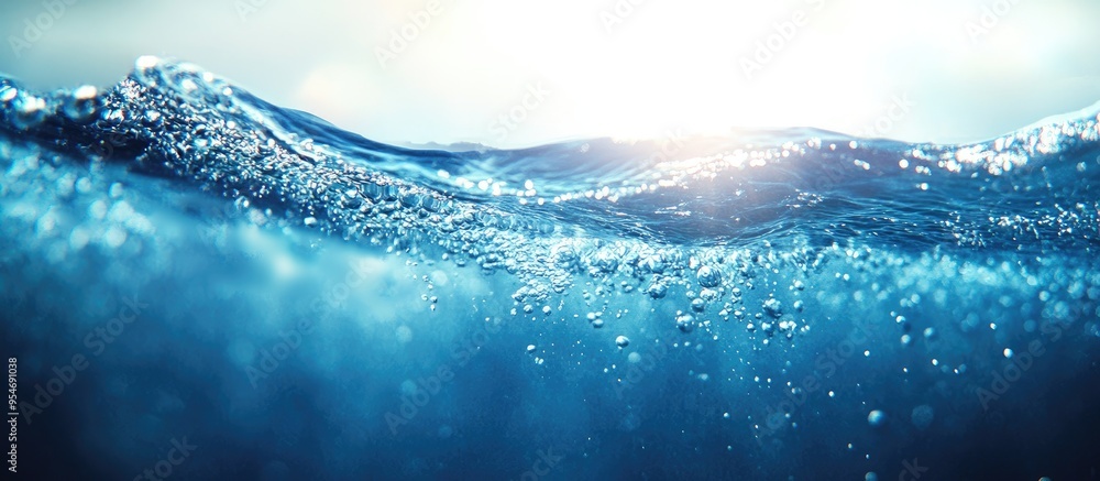 Poster defocused blurred transparent blue water surface texture with splashes and bubbles stylish abstract 