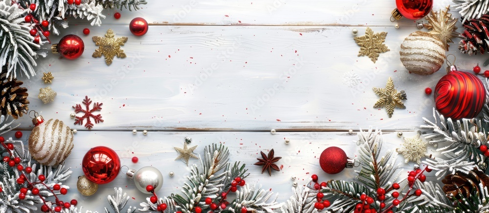 Aufkleber various christmas items are arranged on a white wooden background winter holidays new year greeting 