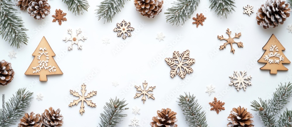 Poster christmas backdrop featuring a wooden tree decoration snowflakes and pine cones on a white surface f