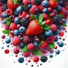 Fototapeta premium Falling wild berries mix, strawberry, raspberry, blueberry, blackberry, isolated on white background, full depth of field 