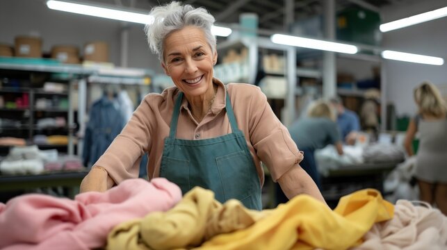 A joyful woman smiles while arranging vibrant fabrics on a table in a busy textile workshop filled with workers and textiles - Powered by Adobe