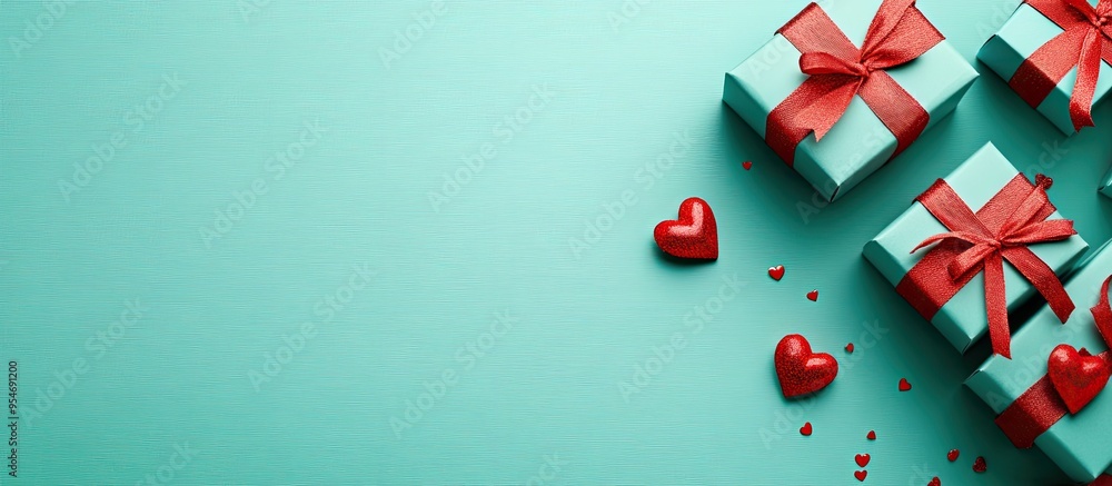 Aufkleber gift boxes adorned with decorative red hearts on a turquoise background viewed from above room for t