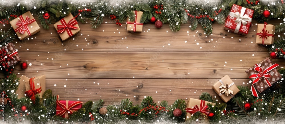 Poster christmas backdrop featuring decorations and gift boxes on a wooden surface. with copy space image. 