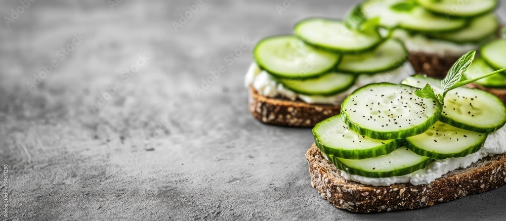 Aufkleber close up of cucumber sandwiches with soft cheese perfect for a delicious healthy vegetarian breakfas