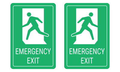 Set of emergency exit signs isolated on white background. Green exit sign with a running silhouette and text. Vector illustration