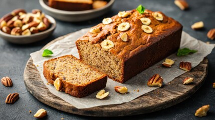 Delicious homemade banana bread topped with nuts, sliced and served on a wooden board. Perfect for breakfast or snacks.