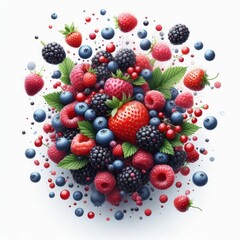 Falling wild berries mix, strawberry, raspberry, blueberry, blackberry, isolated on white background, full depth of field
