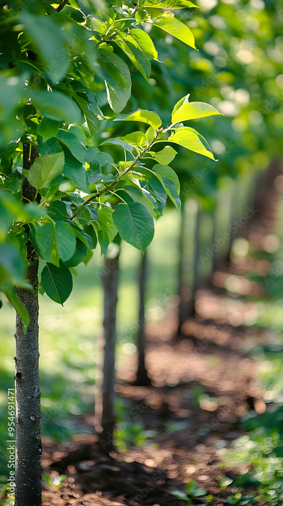 Wall mural Row of young trees with green leaves in a garden.