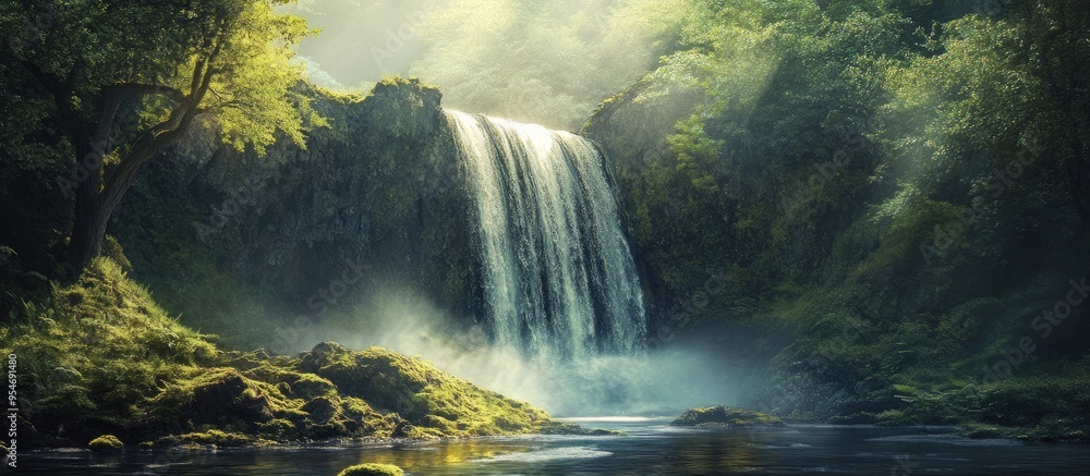 Poster a large waterfall located in the heart of the forest with copyspace