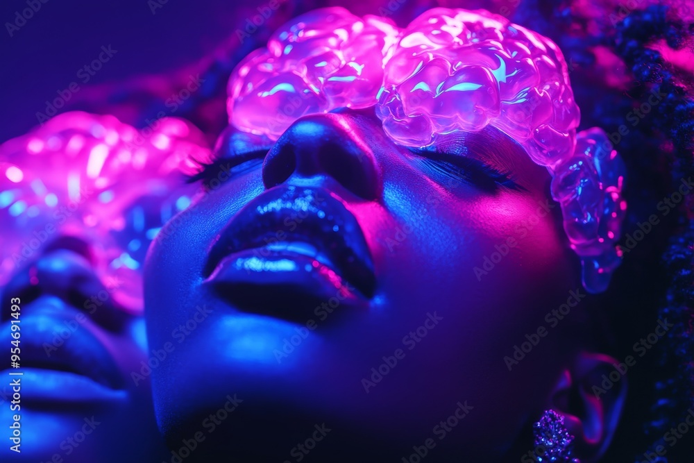 Poster cognitive function sequential neon lit portrait of a woman with a glowing brain pattern symbolizing 
