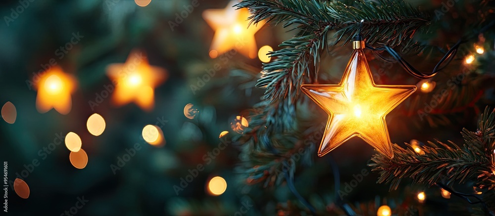 Poster Star shaped Christmas lights on the tree Blurred Christmas background. with copy space image. Place for adding text or design